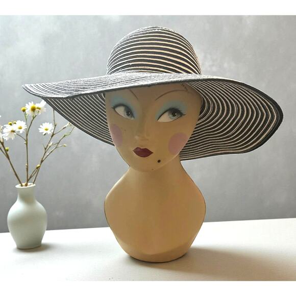 The Hats Company Filippo Catarzi Italy Black White Stripe Wide Brim Sun Hat EUC! main image 3